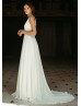 V Neck Ivory Crepe Deep V Back Wedding Dress
